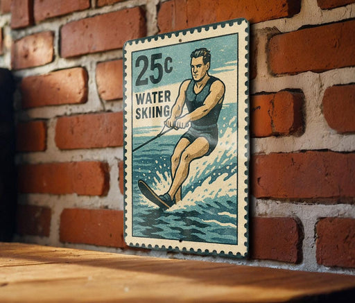 A vintage-style metal sign with a water skiing illustration is mounted on a brick wall.