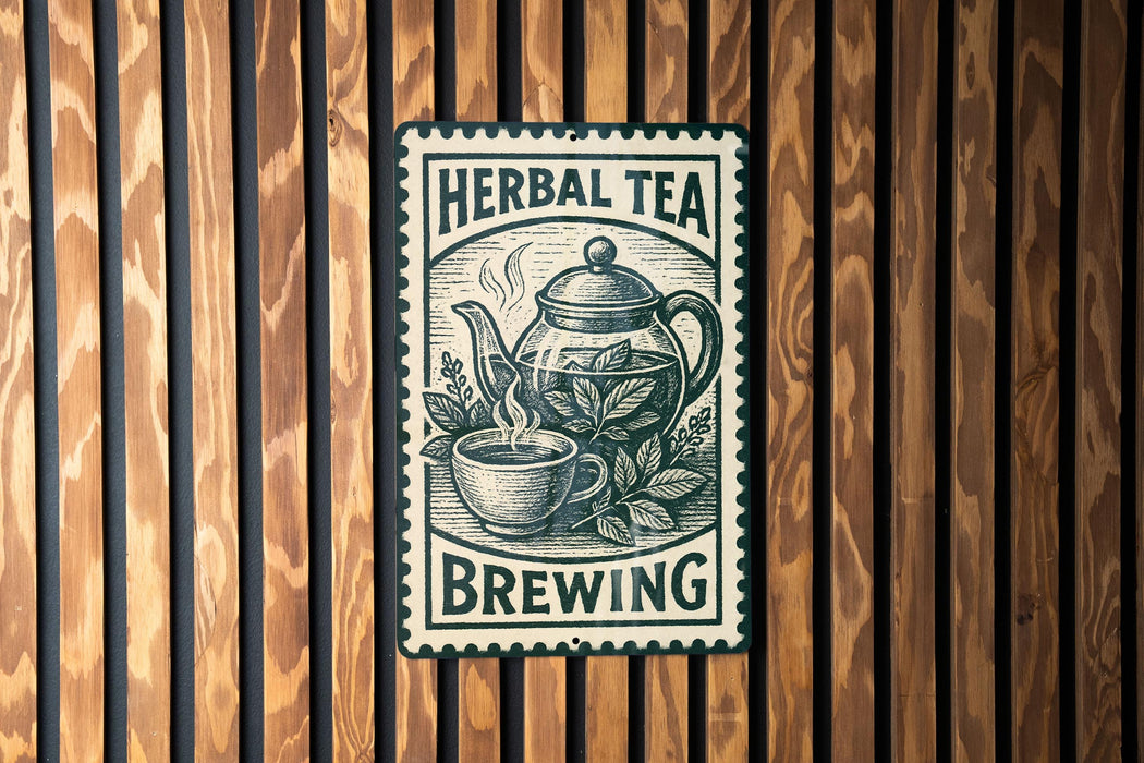 A sign for "Herbal Tea Brewing" is displayed on a wooden wall, featuring an illustration of a teapot and a cup of tea.