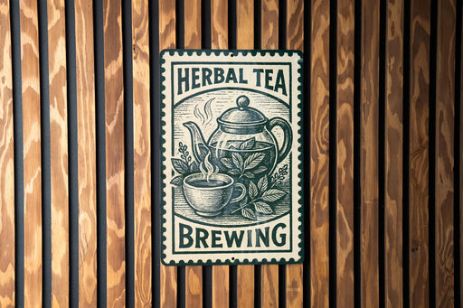 A sign for "Herbal Tea Brewing" is displayed on a wooden wall, featuring an illustration of a teapot and a cup of tea.