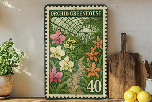 A framed poster of an orchid greenhouse with a variety of colorful orchid flowers, including pink, yellow, and orange blooms, is displayed on a shelf next to a wooden cutting board and a potted plant.