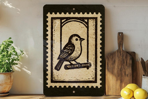 a black and white stamp-like artwork depicting a bird perched on a branch, placed on a shelf next to a wooden cutting board and a potted plant.