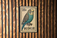 A 25c postage stamp featuring a budgie bird is displayed on a wooden wall.