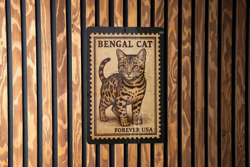 A wooden wall with a framed image of a Bengal cat, which appears to be a postage stamp.