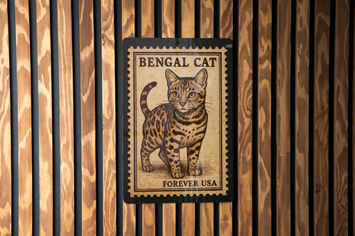 A wooden wall with a framed image of a Bengal cat, which appears to be a postage stamp.