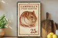 A stamp-like sign with a picture of a hamster and the text "CAMPBELL'S DWARF HAMSTER" on it, along with the price "25c". The sign is placed on a wooden surface, with a potted plant, a wooden cutting board, and some lemons nearby.