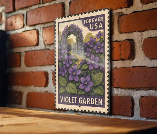 A vintage-style postage stamp featuring a purple garden scene with purple flowers and green leaves, mounted on a brick wall.