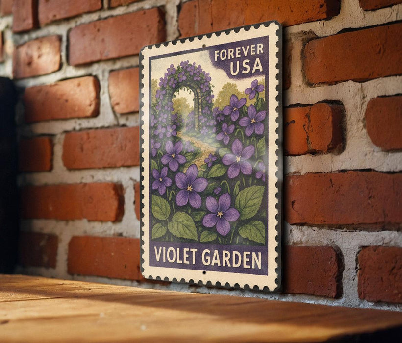 A vintage-style postage stamp featuring a purple garden scene with purple flowers and green leaves, mounted on a brick wall.