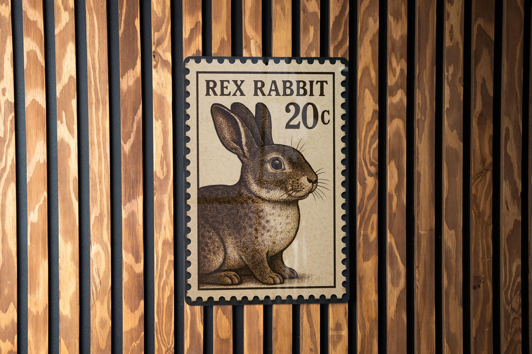 A 20 cent postage stamp featuring a rabbit is displayed on a wooden wall.