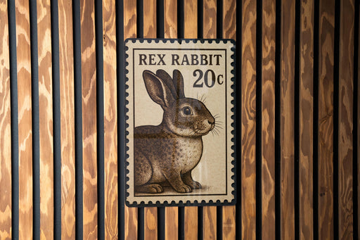 A 20 cent postage stamp featuring a rabbit is displayed on a wooden wall.
