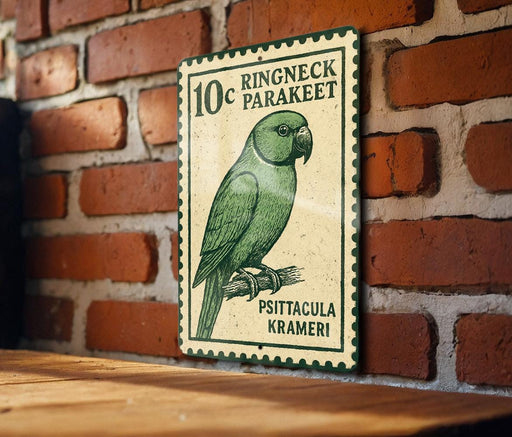 A 10c postage stamp featuring a green parakeet is displayed on a brick wall.