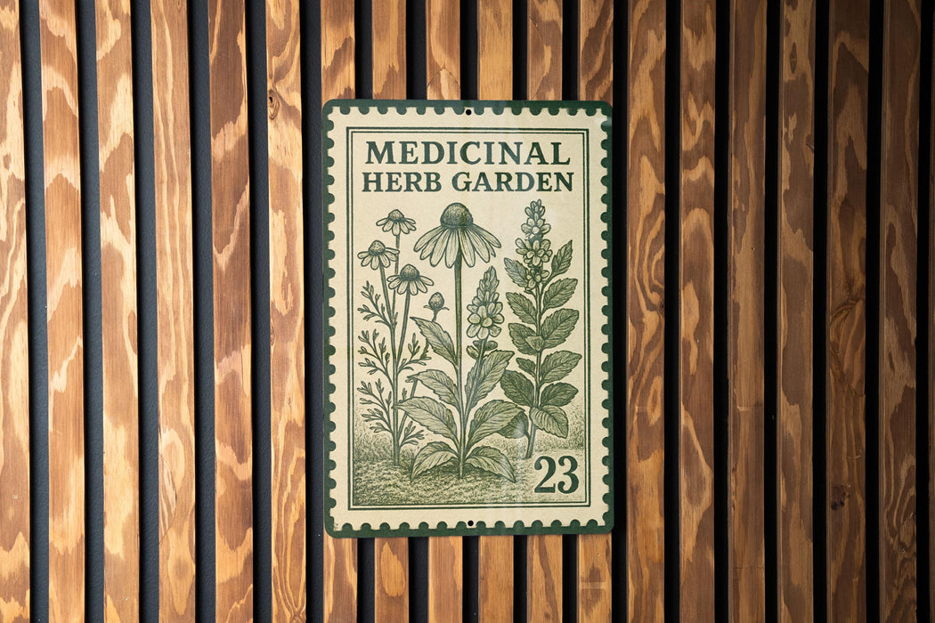 a green and white stamp-like sign with illustrations of plants and flowers, mounted on a wooden wall.