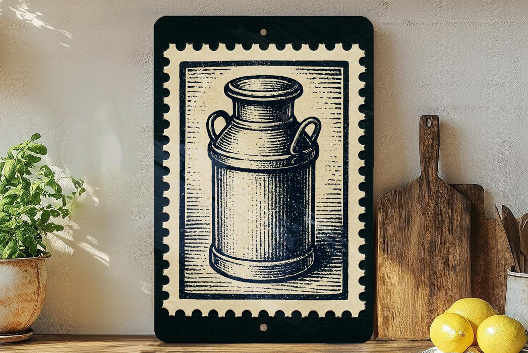 a black and white illustration of a milk can on a wooden surface, with a wooden cutting board and a potted plant to the left.