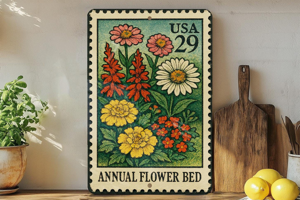 A colorful metal stamp depicting a variety of flowers, including daisies, chrysanthemums, and other blooms, is displayed on a shelf next to a wooden cutting board and a potted plant.