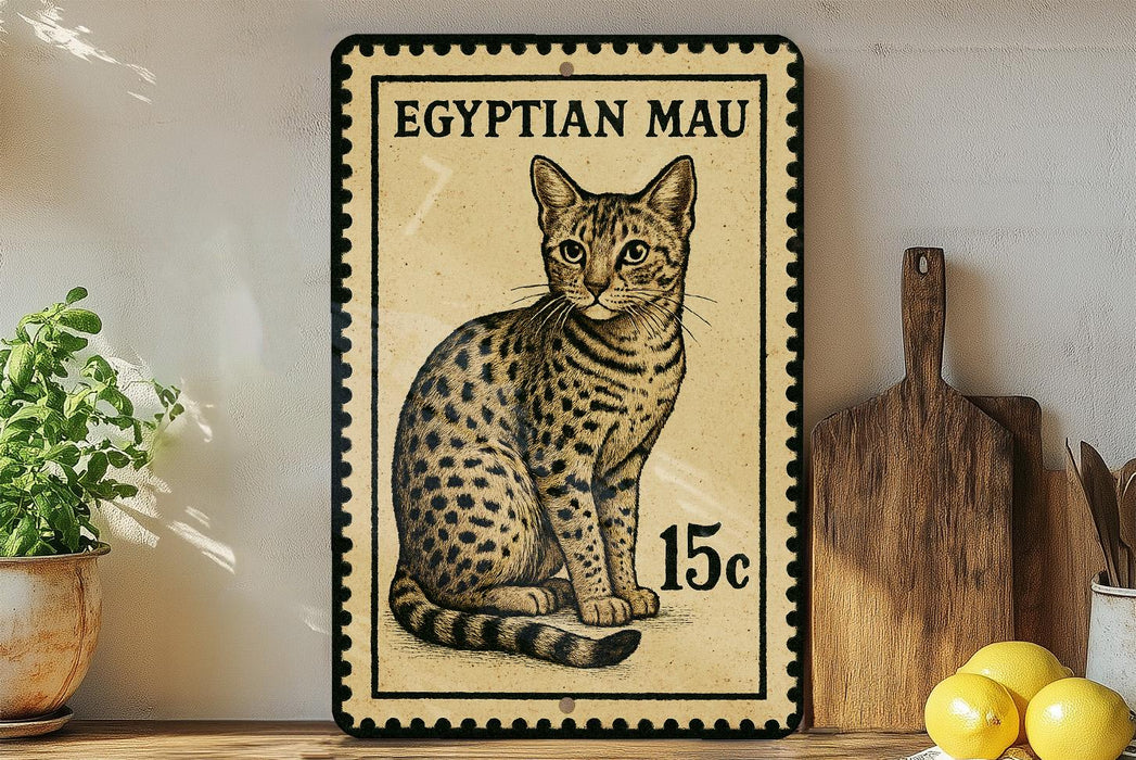 a framed illustration of an Egyptian Mau cat, which is a type of cat with distinctive spotted fur. The cat is sitting on a wooden surface, and there are some potted plants and kitchen utensils visible in the background.