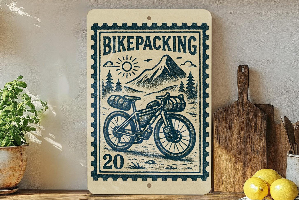 a wooden sign with a bicycle and mountain scenery, along with a stamp-like design, placed on a wooden surface next to a potted plant and some kitchen utensils.