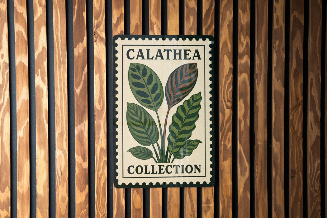 a sign with a plant illustration and the text "CALATEA COLLECTION" displayed on a wooden wall.