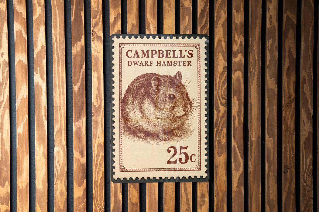 A 25c postage stamp featuring a hamster illustration.
