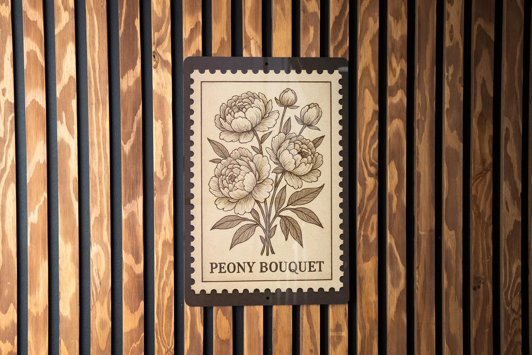 A wooden wall with a framed image of a bouquet of peonies hanging on it.