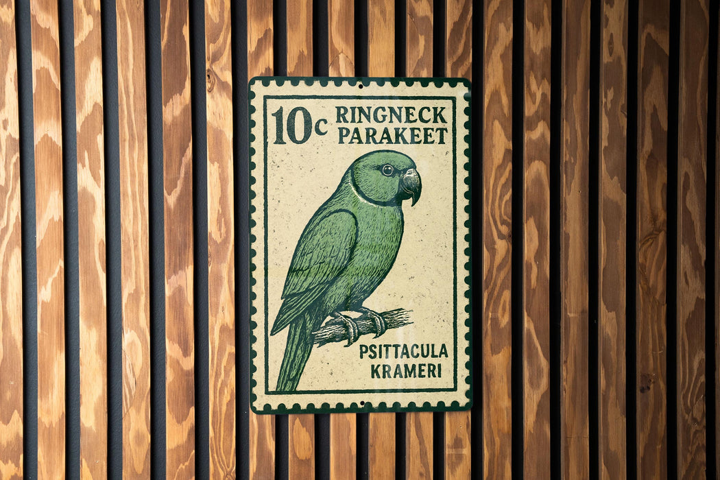 A green parakeet perched on a branch, depicted as a postage stamp with the text "10 RINGNECK PARAKEEET" and "PSITTACULA KRAMERI" printed on it.