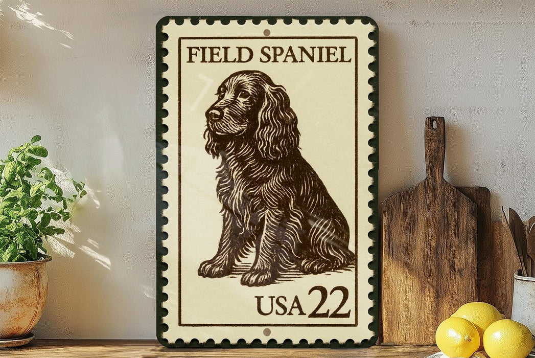 A framed image of a Field Spaniel dog, with the text "FIELD SPANIEL USA 22" printed on it, is displayed on a shelf next to a wooden cutting board and a potted plant.