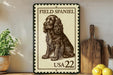 A framed image of a Field Spaniel dog, with the text "FIELD SPANIEL USA 22" printed on it, is displayed on a shelf next to a wooden cutting board and a potted plant.