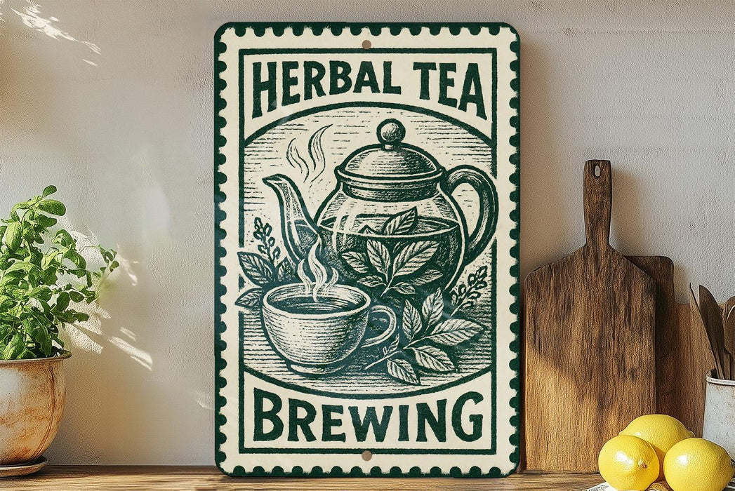 a sign for "Herbal Tea Brewing" with a teapot and a cup of tea, along with some kitchen utensils and a potted plant.