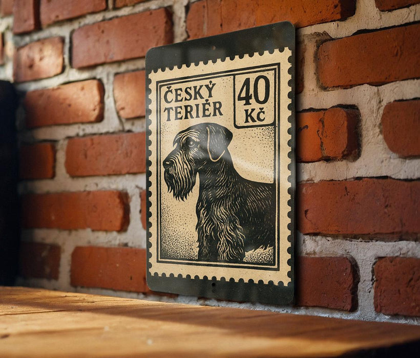 a black and white illustration of a dog, specifically a terrier, on a wooden surface against a brick wall background.
