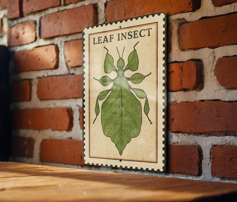 A metal sign with a leaf insect illustration is mounted on a brick wall.