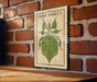 A metal sign with a leaf insect illustration is mounted on a brick wall.