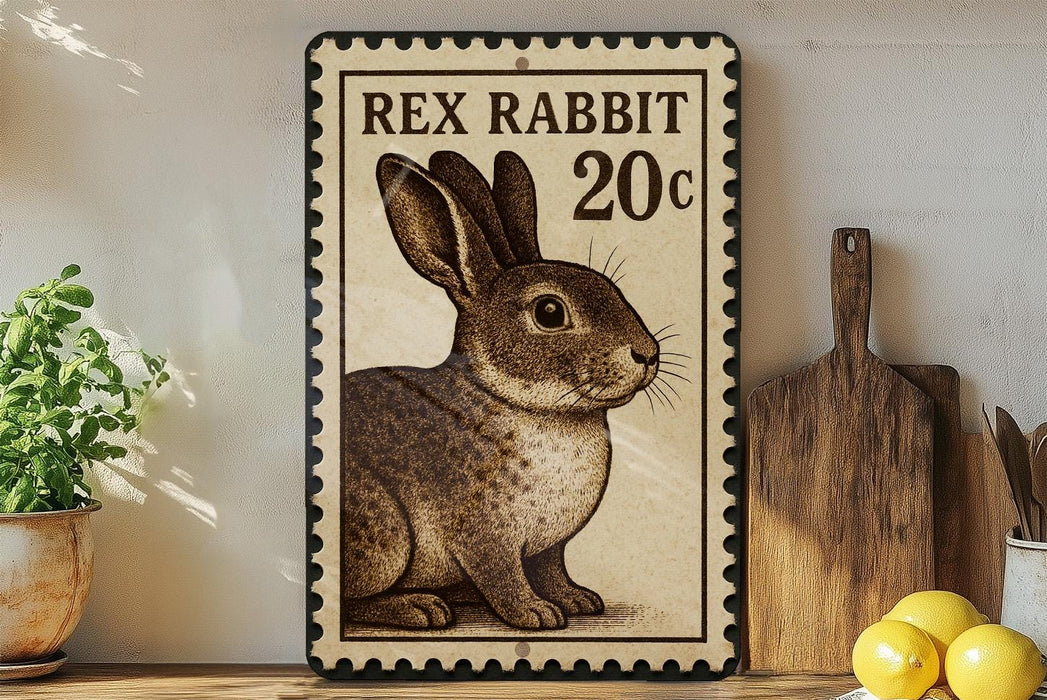 a framed illustration of a rabbit on a wall, with a wooden cutting board and a potted plant to the left.