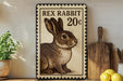 a framed illustration of a rabbit on a wall, with a wooden cutting board and a potted plant to the left.
