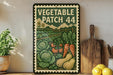 a vintage-style metal sign with a garden scene, including vegetables and a wooden cutting board, placed on a shelf next to a potted plant and some lemons.