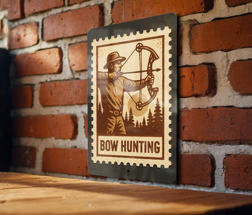 A metal sign with a bow and arrow illustration, mounted on a brick wall.