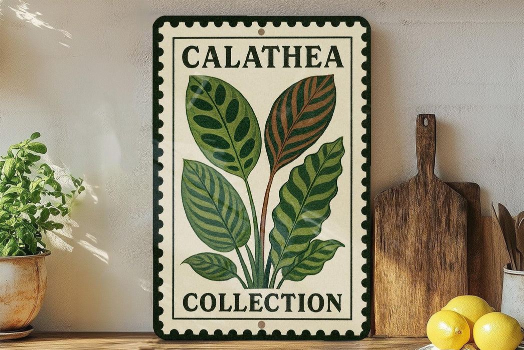 a framed sign with a plant illustration, placed on a shelf next to a wooden cutting board and some potted plants.