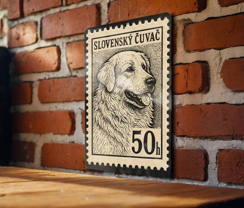 A black and white postage stamp featuring a dog's portrait is displayed on a brick wall.