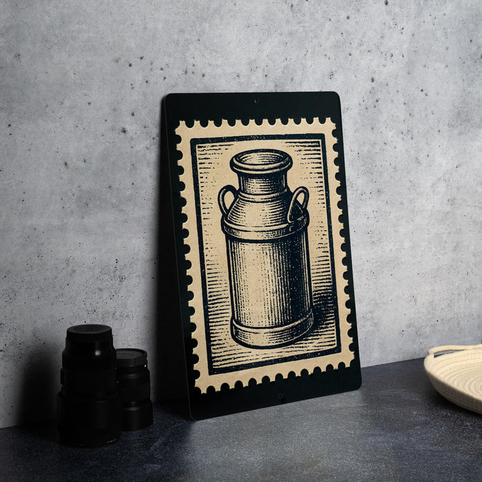 a framed illustration of a milk can on a black background, placed on a table next to some black camera lenses.