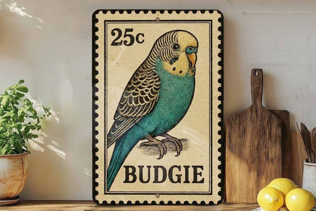 A vintage-style metal sign featuring a colorful illustration of a budgie bird, with the text "25c" and "BUDGIE" printed on it. The sign is displayed on a shelf next to a wooden cutting board and some potted plants.