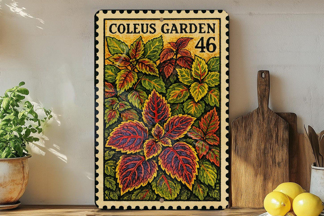 A framed print of a plant with large, colorful leaves is displayed on a shelf, surrounded by kitchen utensils and a potted plant.
