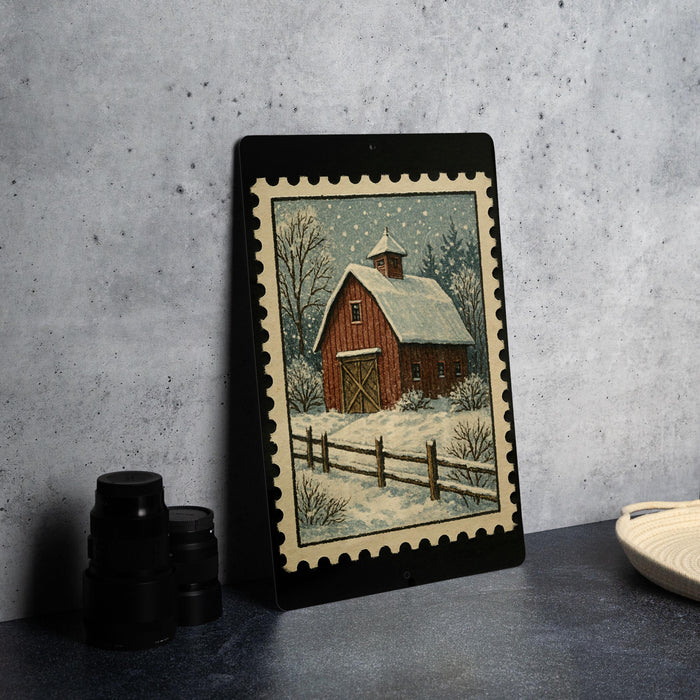 A framed painting of a red barn with a snowy landscape in the background is displayed on a table.