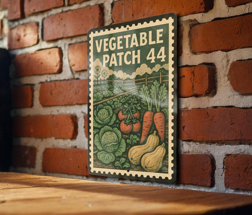 A vintage-style metal sign with a garden scene and vegetables, mounted on a brick wall.