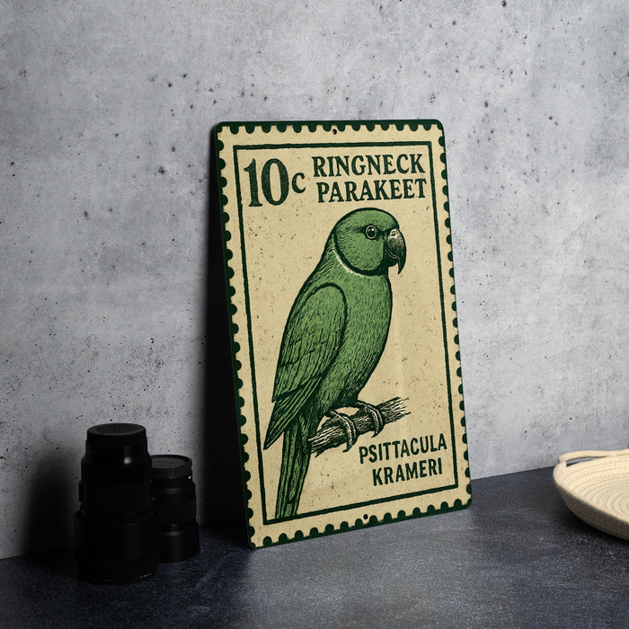 A green parakeet is depicted on a postage stamp, which is placed on a table next to some black camera lenses.