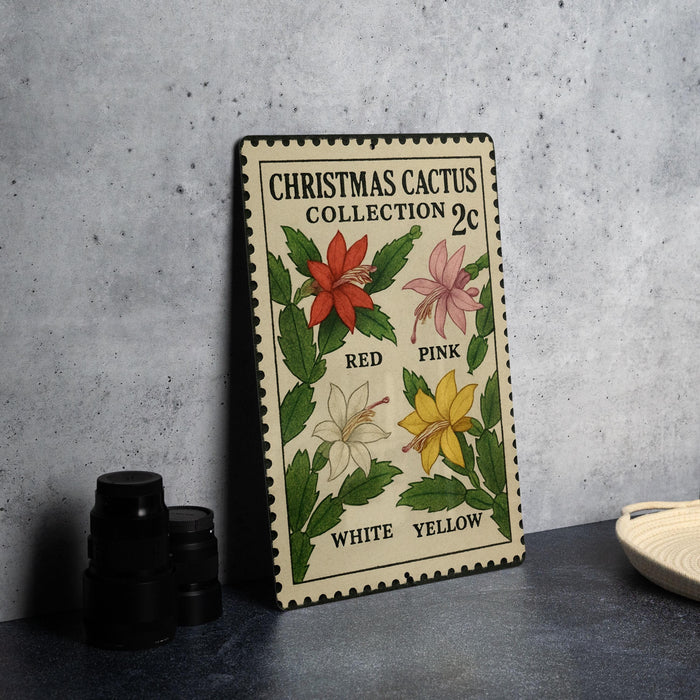 A Christmas cactus postage stamp featuring red, pink, white, and yellow flowers, placed on a table next to some black camera lenses.