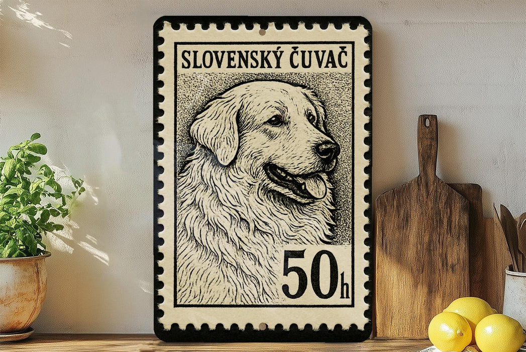 A framed stamp depicting a dog, with the text "SLOVENSKÝ CUVĚCĚ" and "50h" printed on it, is displayed on a shelf next to a wooden cutting board and some kitchen utensils.