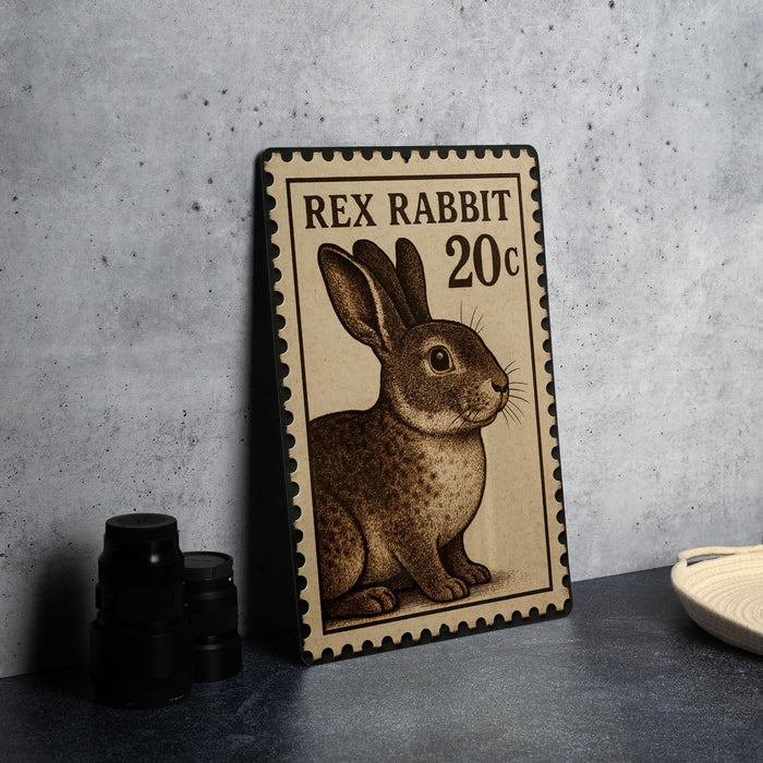 A metal stamp featuring an illustration of a rabbit, with the text "REX RABBIT 20c" printed on it.