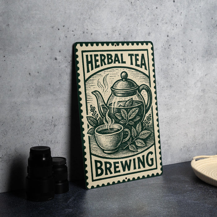 A metal sign for "Herbal Tea Brewing" featuring a teapot and a cup of tea, along with the text "Herbal Tea Brewing" and "Brewing" printed on it.