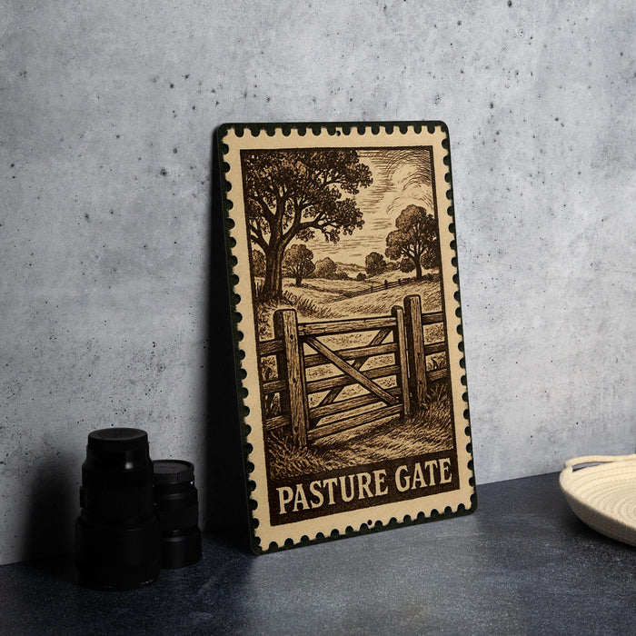A metal sign with a vintage-style illustration of a wooden gate and a rural landscape, placed on a countertop next to some black camera lenses.