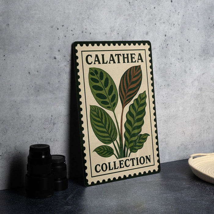 a framed print with a plant illustration on a wall, along with a stack of black camera lenses and a white dish.