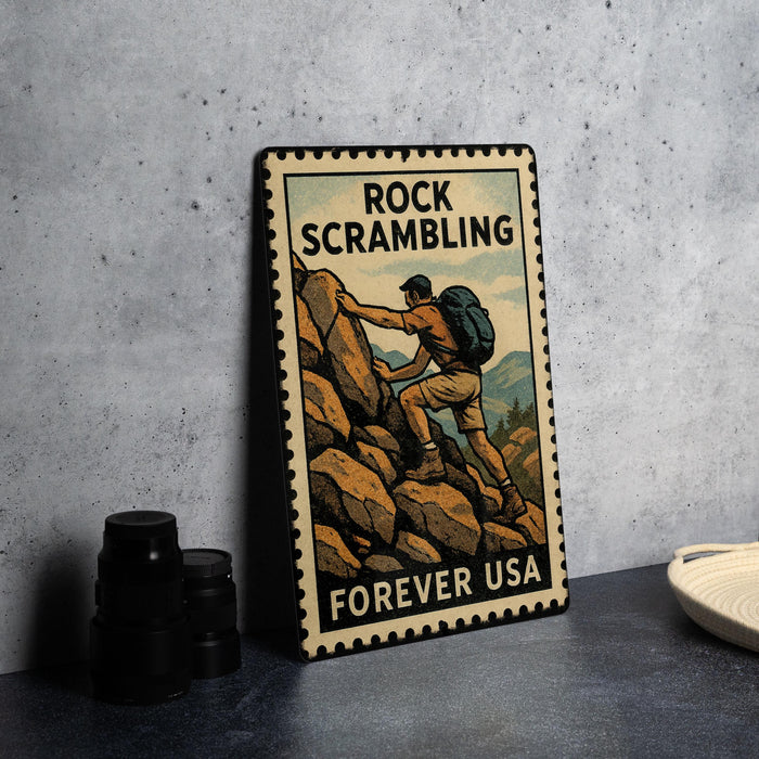 A vintage-style metal stamp with a rock climbing illustration, featuring a person climbing a rocky mountain.