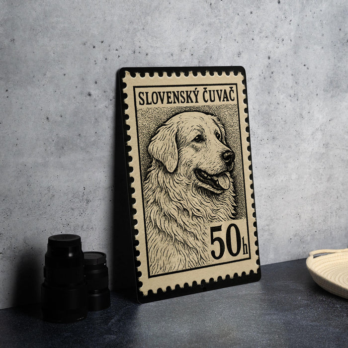 A black and white stamp featuring a dog's portrait, with the text "SLOVENSKY CŘVĚC" and the denomination "50h" printed on it.