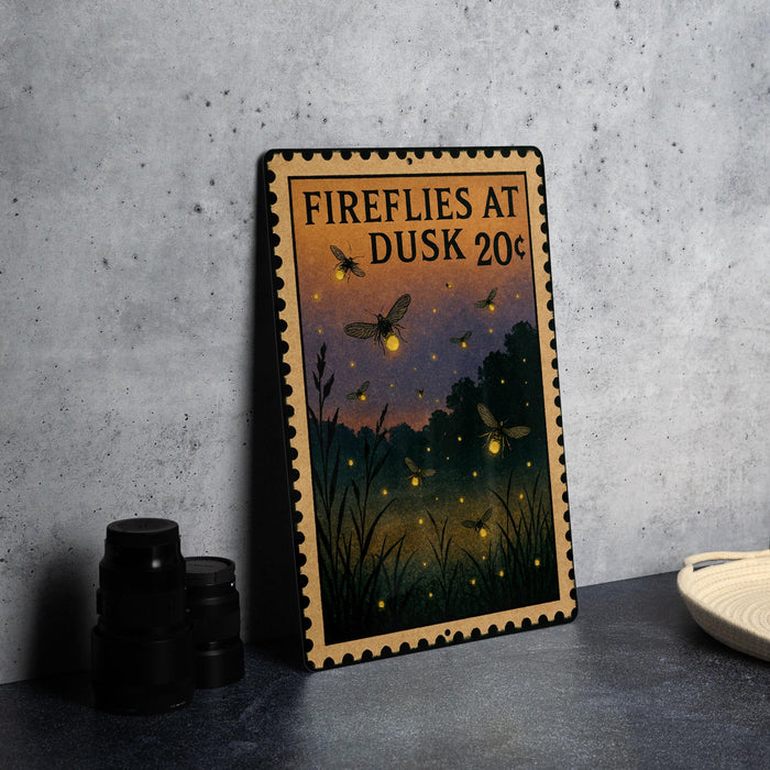 A framed poster with a nighttime scene of fireflies and a sunset, advertising "Fireflies at Dusk 20¢".